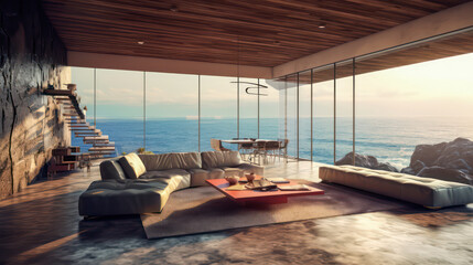Fototapeta premium 3D render, Modern Interior Ocean Concept: Embracing the Timeless Elegance and Tranquility of Aesthetics, Creating a Harmonious Fusion of Indoor and Outdoor Spaces