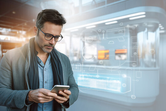 Mann mit Handy steht in einer Industriehalle mit angedeutetem Konzept zum Thema digitale Technologie. Im Hintergrund eine Maschine mit 4.0 Präsentationsplan. Generative KI