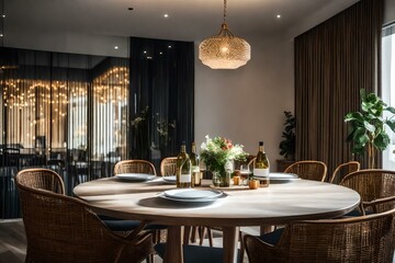 A dining table with dining chairs in a dining room.