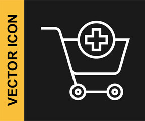 White line Add to Shopping cart icon isolated on black background. Online buying concept. Delivery service sign. Supermarket basket symbol. Vector