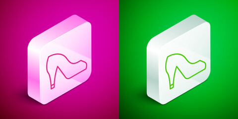Isometric line Woman shoe with high heel icon isolated on pink and green background. Silver square button. Vector