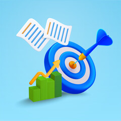 3d growing bar char, line chart with arrow, bull eye target with dart, documents, isolated on white background. Banner concept for target revenue, profitable business, invest. 3d vector illustration