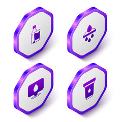 Set Isometric Bottle of water with glass, Water filter cartridge, drop location and icon. Purple hexagon button. Vector