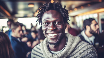 Fototapeta premium adult black man, in a bar in summer, many guests, busy crowd, pullover, fun and joy and contentment, vacation or party or excursion or vacation region, fictitious place