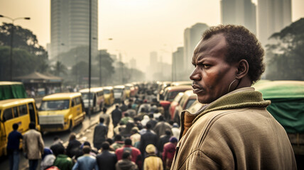 crowd in a city, population, rush, small buses as public transport, fictitious place, indian look india - obrazy, fototapety, plakaty