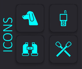 Set Burning match with fire, Hunting dog, Walkie talkie and Binoculars icon. Black square button. Vector