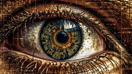 Fototapeta premium digital and golden, human eye, eyes wide open, crypto and technology and artificial intelligence and computer network and online internet digital, fictional background