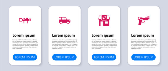 Set Pistol or gun, Hunting shop, Safari car and Sniper optical sight. Business infographic template. Vector