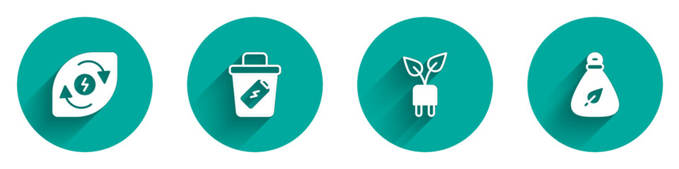 Set Water energy, Trash can, Electric saving plug in leaf and Garbage bag icon with long shadow. Vector