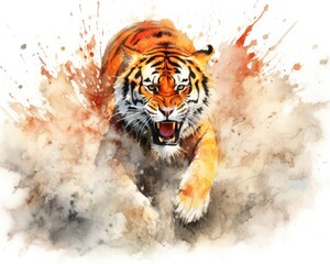 Obraz premium fluidity and unpredictability of watercolors by creating a dynamic and energetic tiger print. bold brushstrokes and splashes of color to depict the tiger movement and power