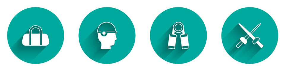 Set Sport bag, Baseball helmet, expander and Fencing icon with long shadow. Vector