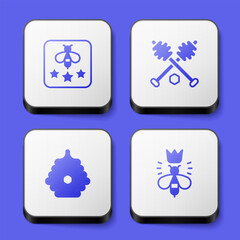 Set Type of bee, Honey dipper stick, Hive for bees and Queen icon. White square button. Vector