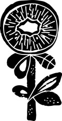 Kiwi stylized. Hand-drawn illustration in linocut style. Black vector element for design