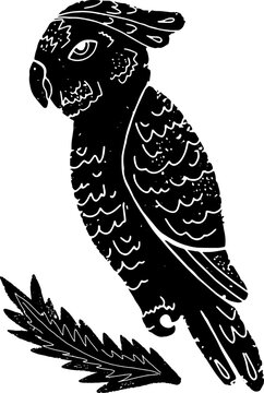 Cockatoo parrot, exotic bird. Hand-drawn illustration in linocut style. Black vector element for design