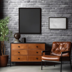 Room with framed on the wall, armchair and chest of drawers , dresser, commod. Boho style room. AI
