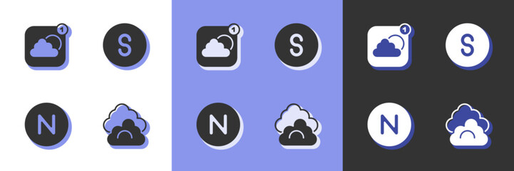 Set Cloud, Weather forecast app, Compass north and south icon. Vector