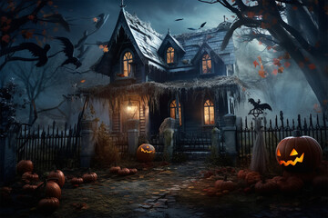 Haunted House Adorned With Cobwebs Pumpkins