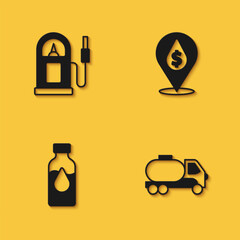 Set Petrol or gas station, Tanker truck, Oil petrol test tube and drop with dollar symbol icon with long shadow. Vector