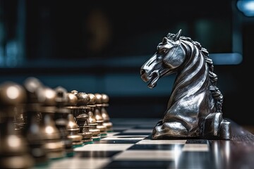 Fototapeta na wymiar Leadership and Victory in Chess Game: Closeup of Horse and Pawn. Business Concept