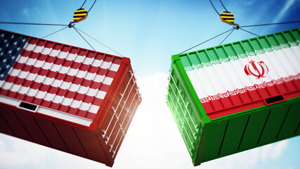 Trade wars concept with American and Chinese flag textured cargo containers clashing. 3D illustration
