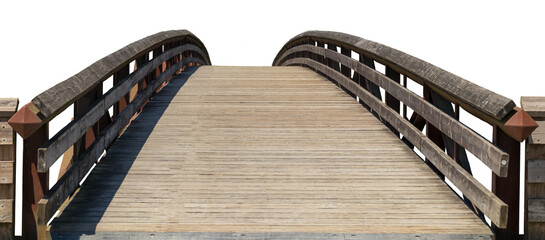 An old wood arched bridge isolated on transparent background. PNG.