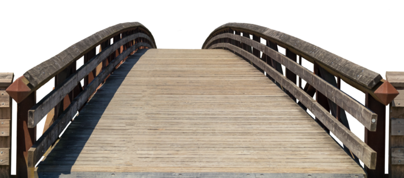 An old wood arched bridge isolated on transparent background. PNG.