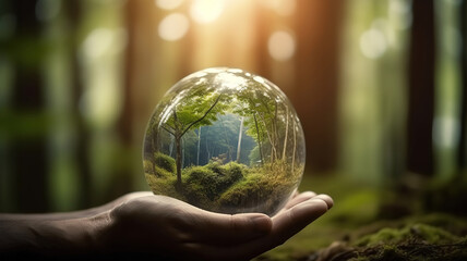 Renewable energy concept Earth Day or environment protection Hands protect forests. Generative Ai