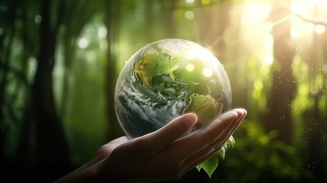 Close-up of child's hand holding globe ball in front of plant. Generative Ai