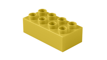 Fototapeta premium Old Gold Plastic Bricks Block Isolated on a White Background. Children Toy Brick, Perspective View. Close Up View of a Game Block for Constructors. 3D illustration. 8K Ultra HD, 7680x4320, 300 dpi