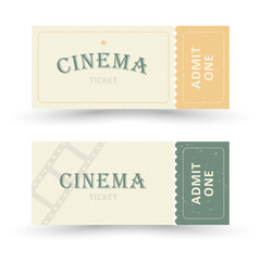 Retro vintage cinema ticket with stub, template set. Vector illustration