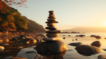 stack of stones on the beach HD 8K wallpaper Stock Photographic Image