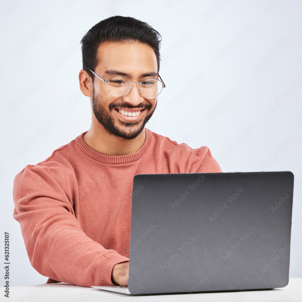 Poster Laptop, IT and man with glasses in studio, white background and programming digital code. Happy asian male model, software developer and computer engineer typing on technology for coding website data