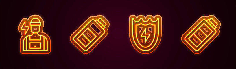 Set line Electrician, Battery charge, Lightning and shield and . Glowing neon icon. Vector