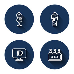 Set line Glass of beer, Wooden mug and Pack bottles with long shadow. Blue circle button. Vector