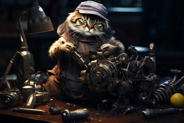 Fototapeta na wymiar Mechanic cat at work. Generative AI