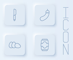Set line Knife, Eggplant, Chicken egg and Soda can. White square button. Vector