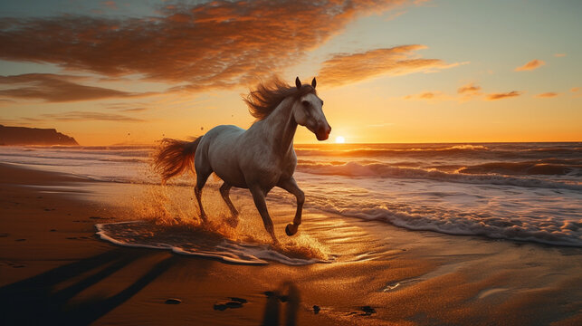 Dynamic image of a horse galloping across a sandy beach against a stunning sunset