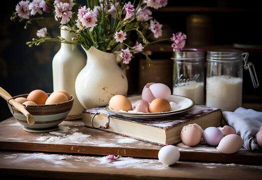 Eggs, bread, flour, Glass of milk on table with flowers and book, baking fresh breakfast 