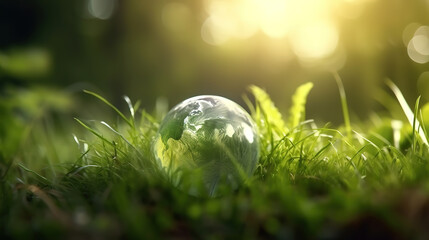 Concept save the world save environment the world is in the grass of the green bokeh background. Generative Ai