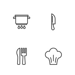 Set line Chef hat, Crossed knife and fork, Cooking pot on fire and Knife icon. Vector