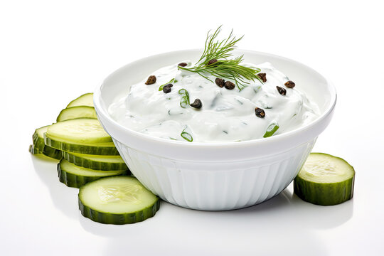 Fresh tzatziki with cucumber in white bowl isolated on white background