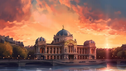 French Opera in Paris, France. Scenic skyline against sunset skyTravel background. Generative Ai