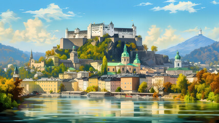 Panoramic view of Salzburg skyline with Festung Hohensalzburg and river Salzach, Salzburger Land. Generative Ai