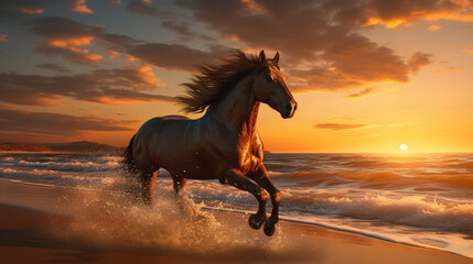 Obraz na płótnie Canvas Dynamic image of a horse galloping across a sandy beach against a stunning sunset