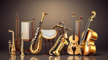 Naklejka premium Violin, saxophone, piano and drum for any design. Generative Ai