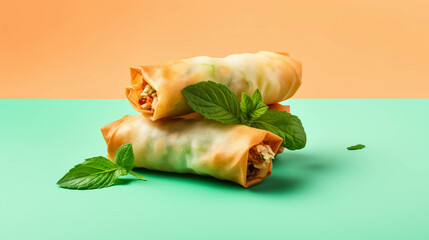 Spring rolls on colorful background. Copy Space on the side. Generative AI.