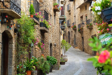 Medieval street in the beautiful Ainsa town, Huesca (Aragón-Spain) - obrazy, fototapety, plakaty