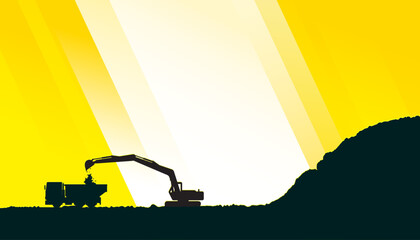 Excavator and dump truck at the construction site on yellow background. © Manovector