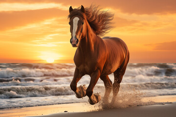 Dynamic image of a horse galloping across a sandy beach against a stunning sunset