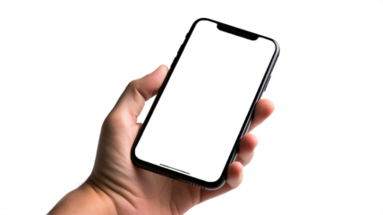 mockup Hand Holding mobile phone with white screen isolated on transparency background Template